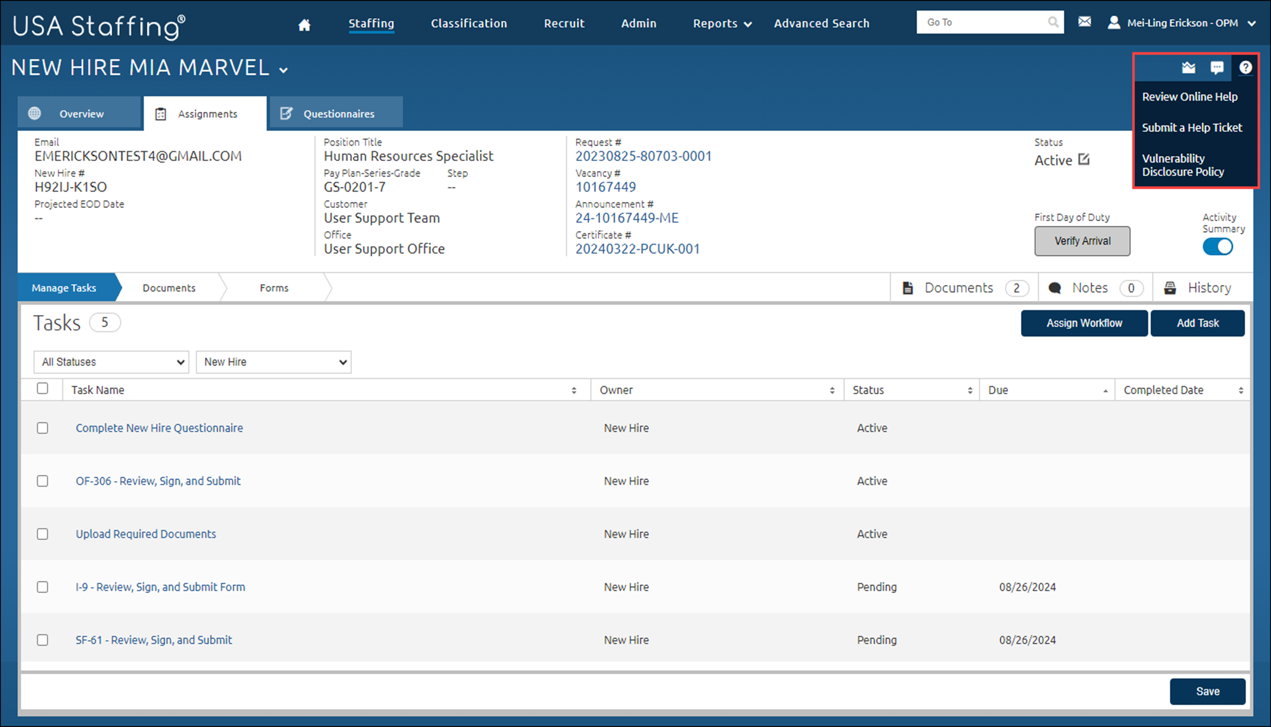A Manage Tasks page in the New Hire’s area with the Help button highlighted. This button is located in the upper right quadrant of the page.