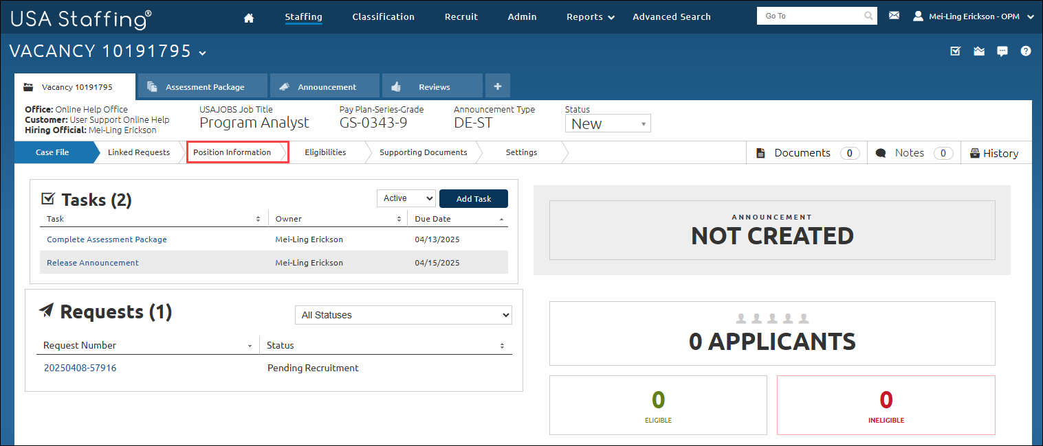Vacancy Case File page with the Position Information tab highlighted.