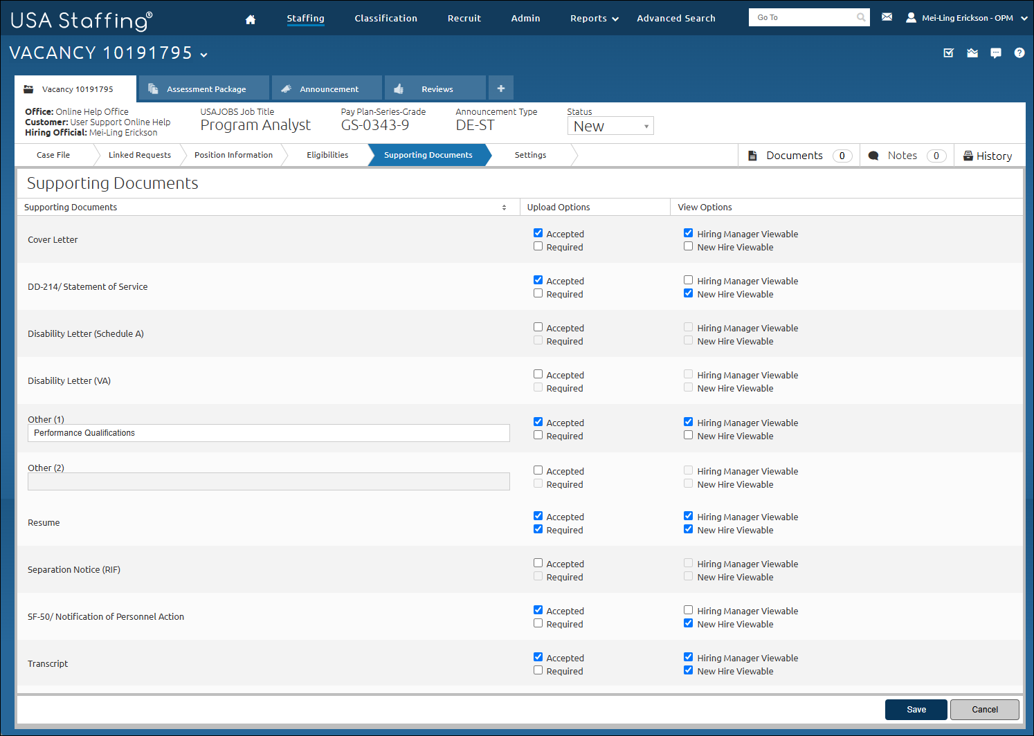 Supporting Documents page of Vacancy completed as specified in the above steps.