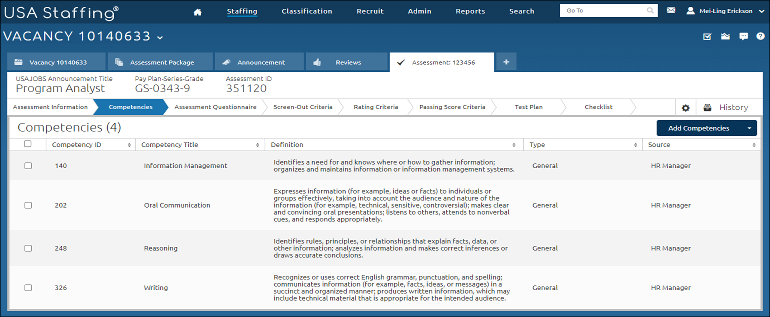 Competencies page with 4 competencies listed. The four competencies are Information Management, Oral Communication, Reasoning, and Writing.