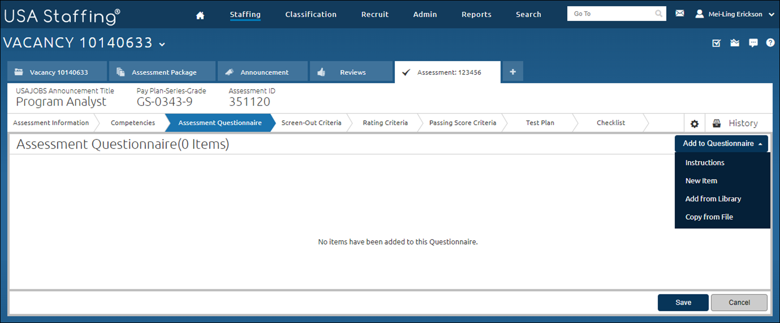 Assessment Questionnaire page with the Add to Questionnaire button selected.