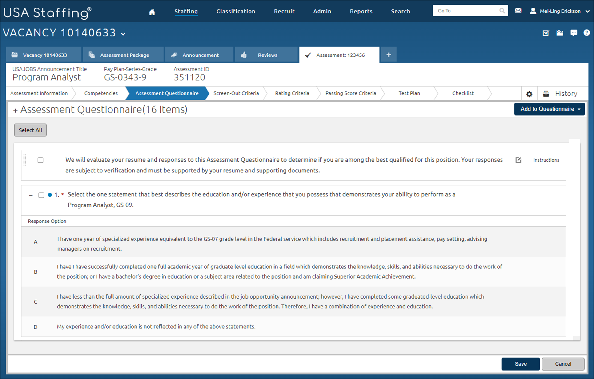 Assessment Questionnaire page with four responses entered for question 1.