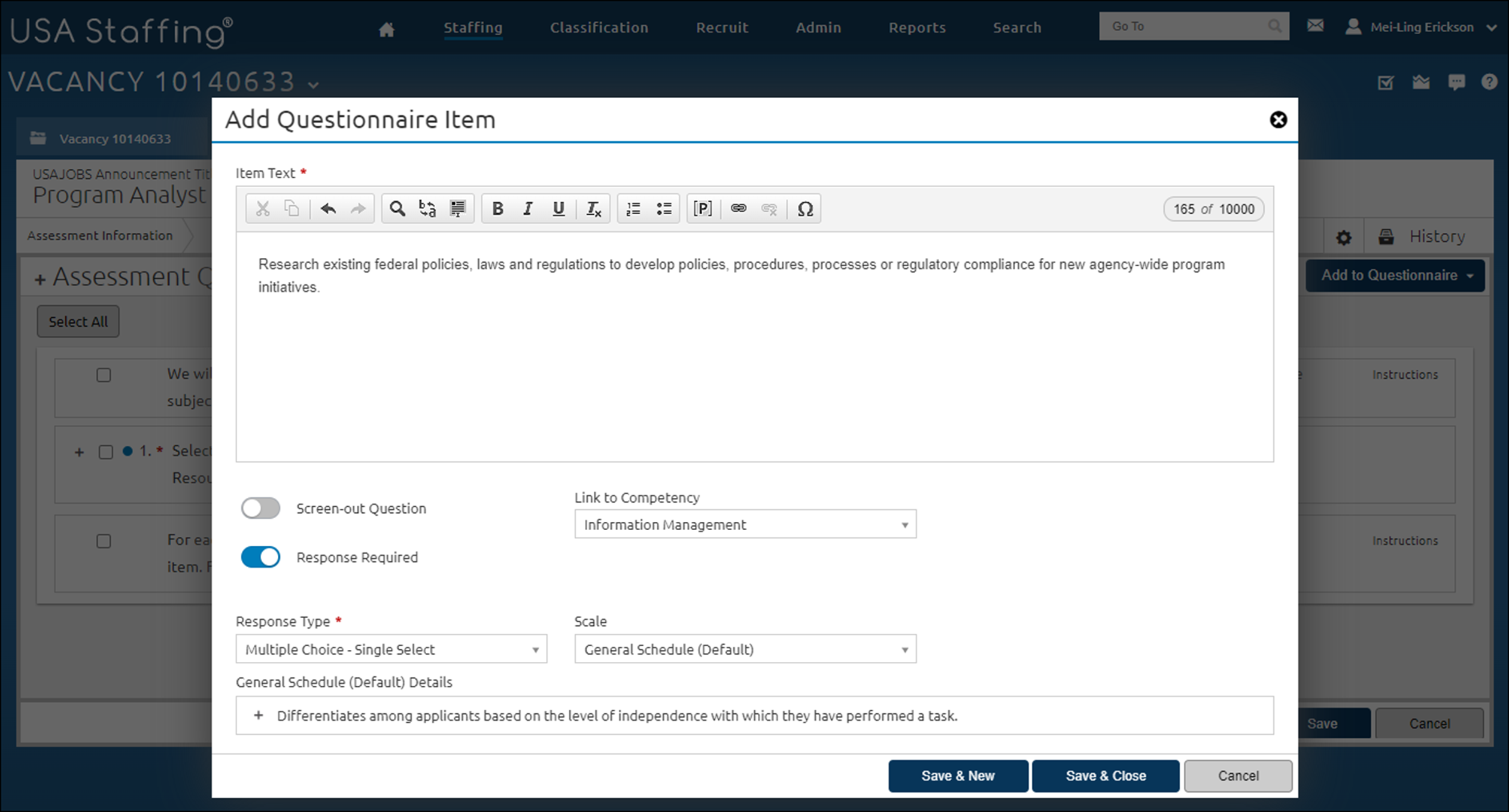 Add Questionnaire Item page completed as specified in the above steps.