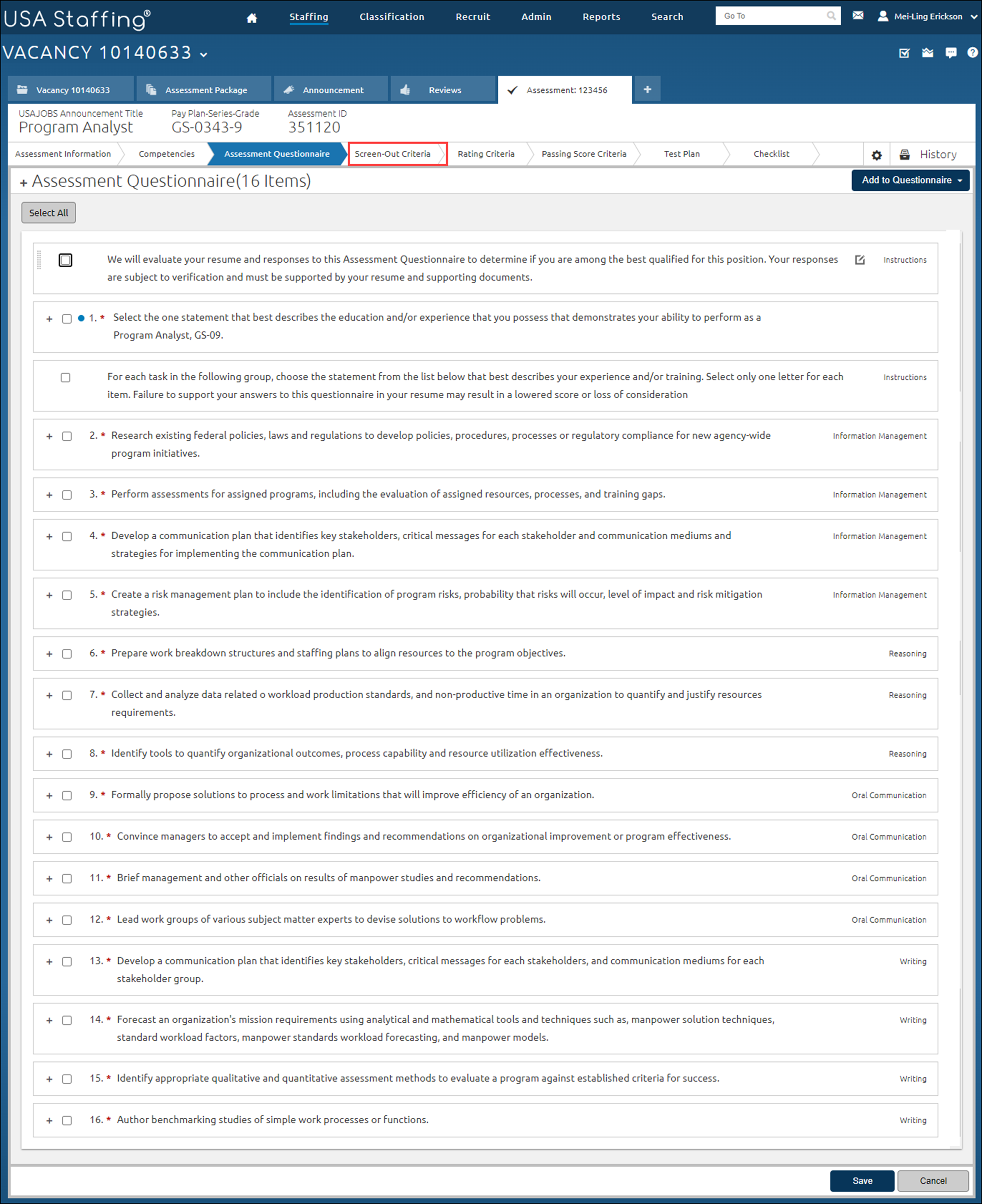 Assessment page with at least two questions per competency and one Min Qualifications screen-out question, to include the Screen-Out Criteria page highlighted.