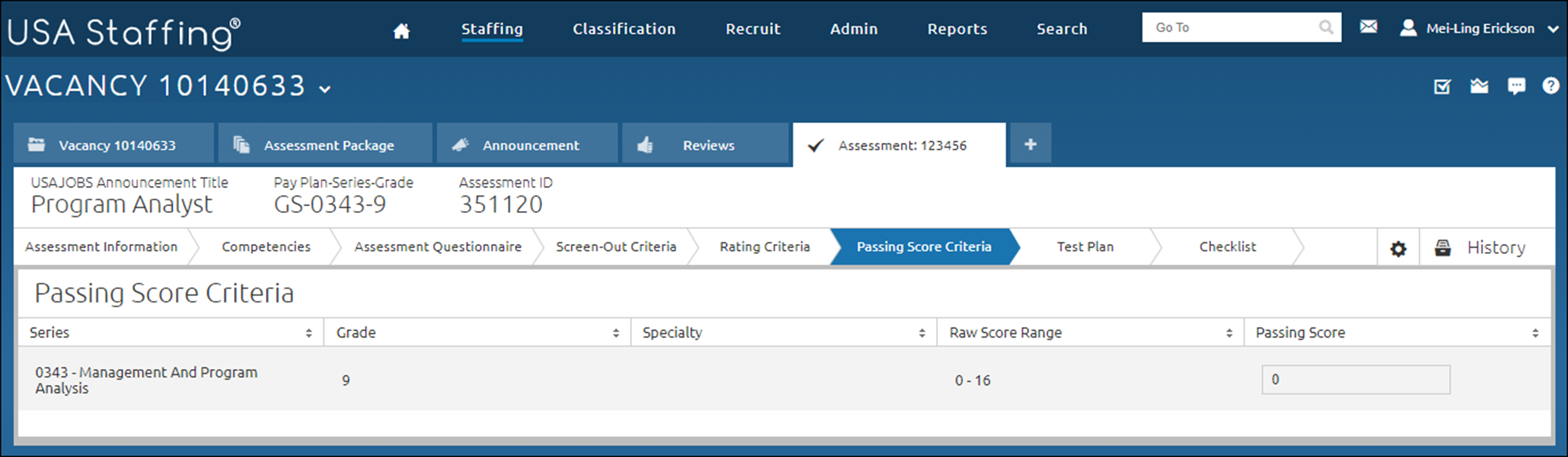 Passing Score Criteria page as it appears when you arrive on it.