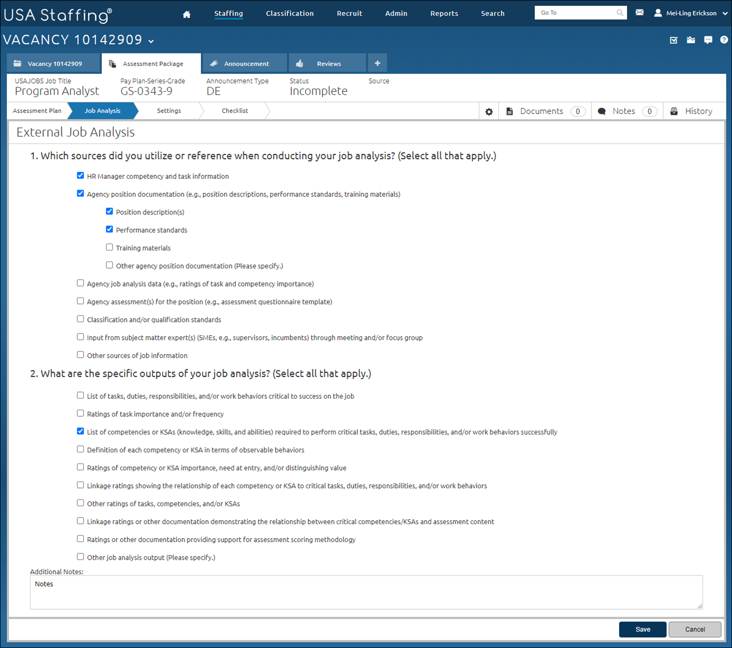 Job Analysis page completed as specified in the above steps.