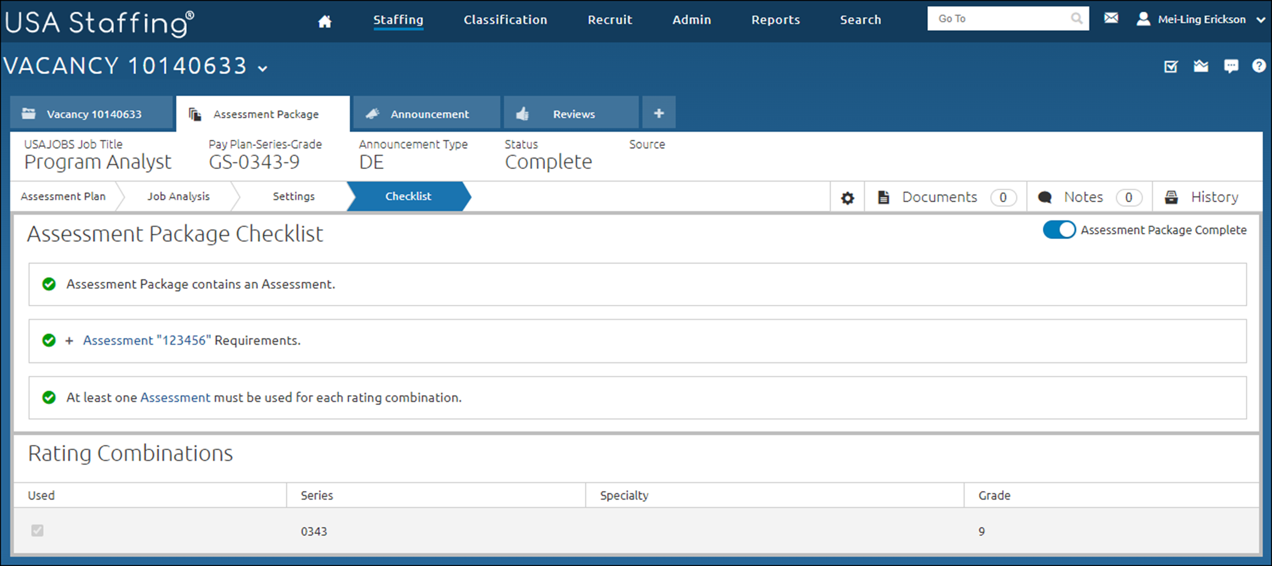 Checklist page with the Assessment Package Complete toggled on.