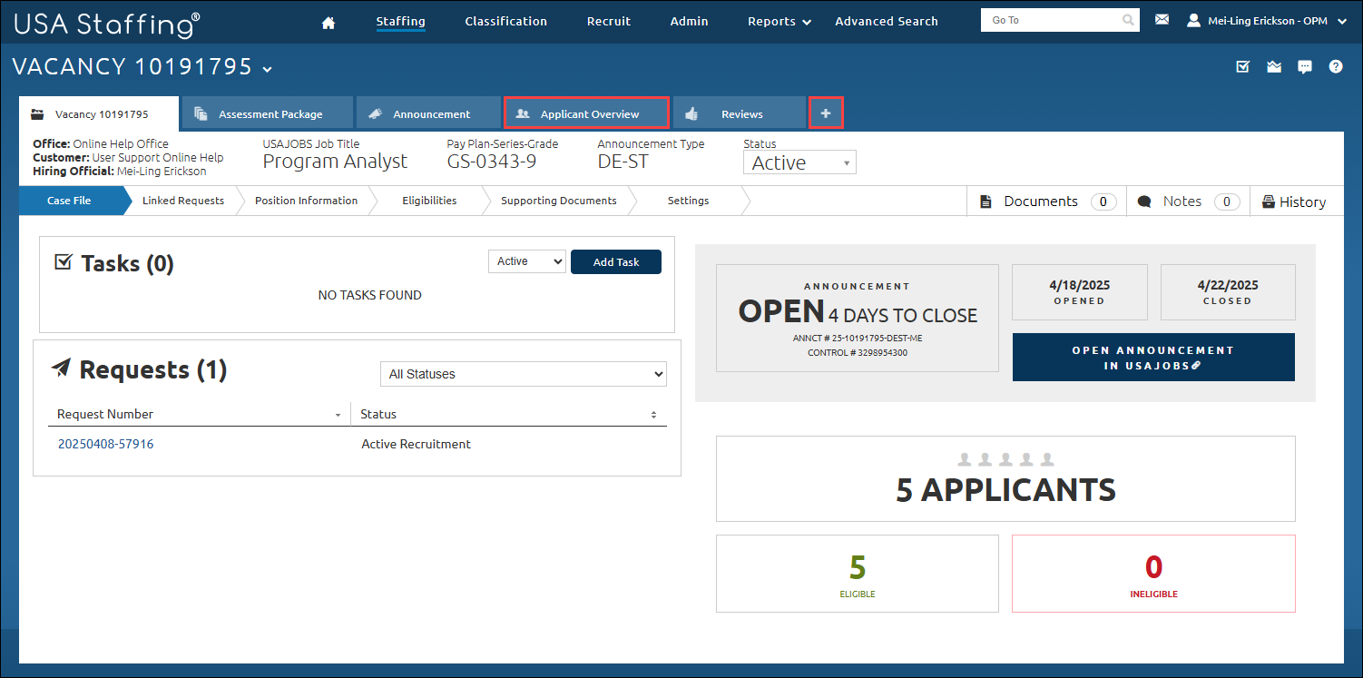 Vacancy Case File page with the Applicant Overview and + tabs highlighted.