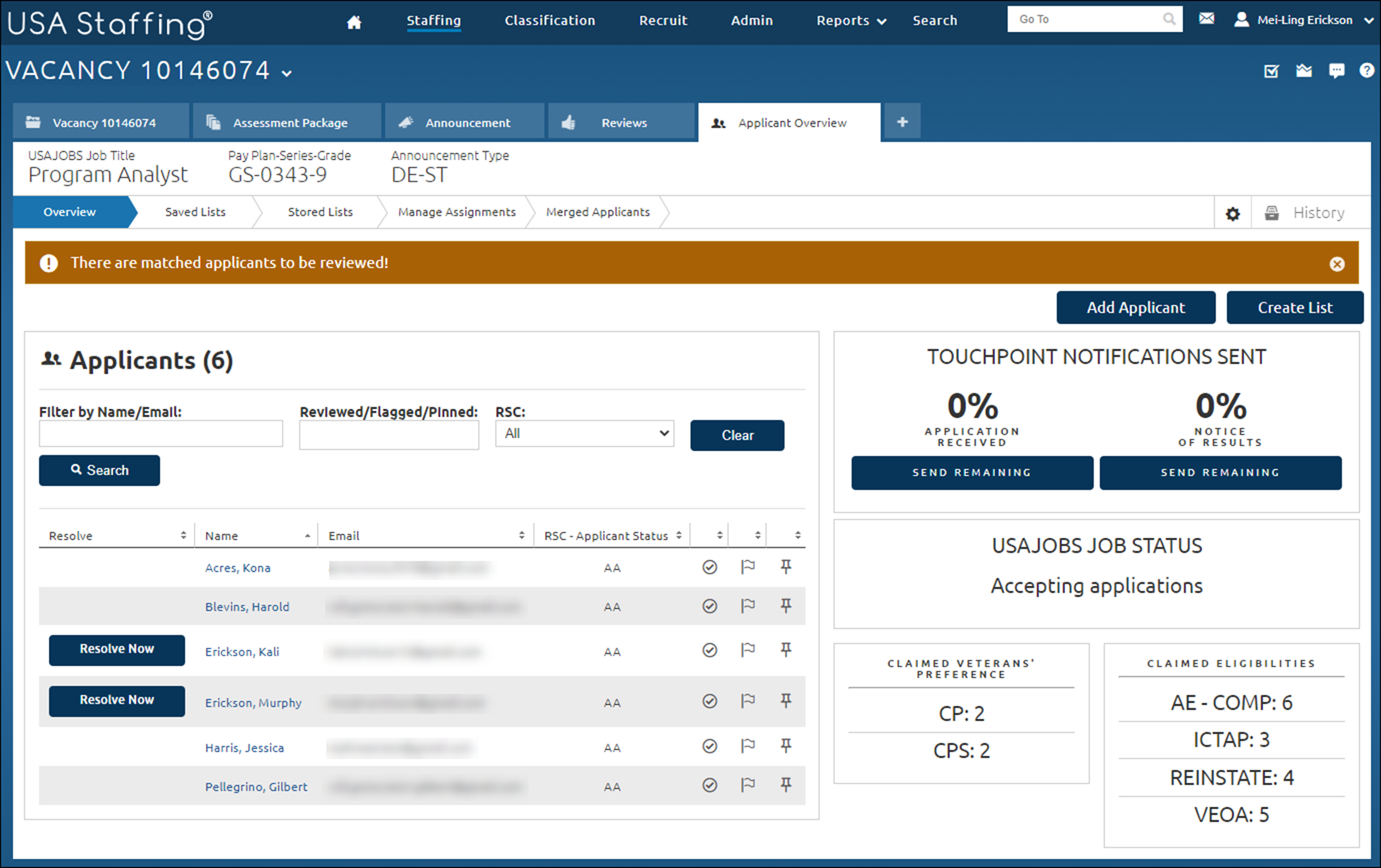Sample Applicant Overview page with merge applicants. The records that need resolution have a Resolve Now button to the left of the applicant name.