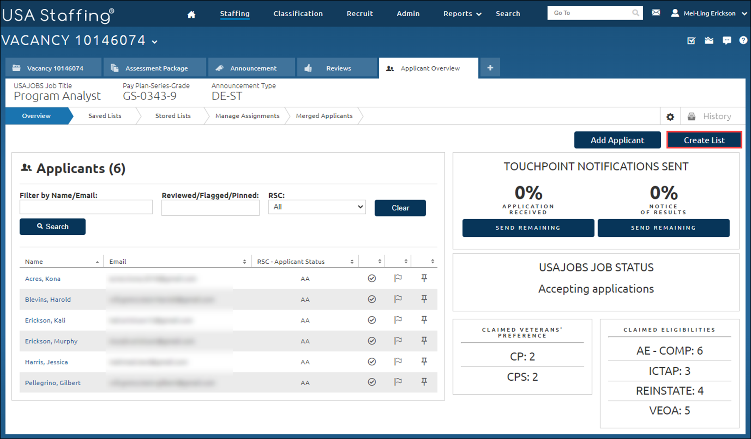 Applicant Overview page with the Create List button highlighted and located in the upper-right quadrant of the page.