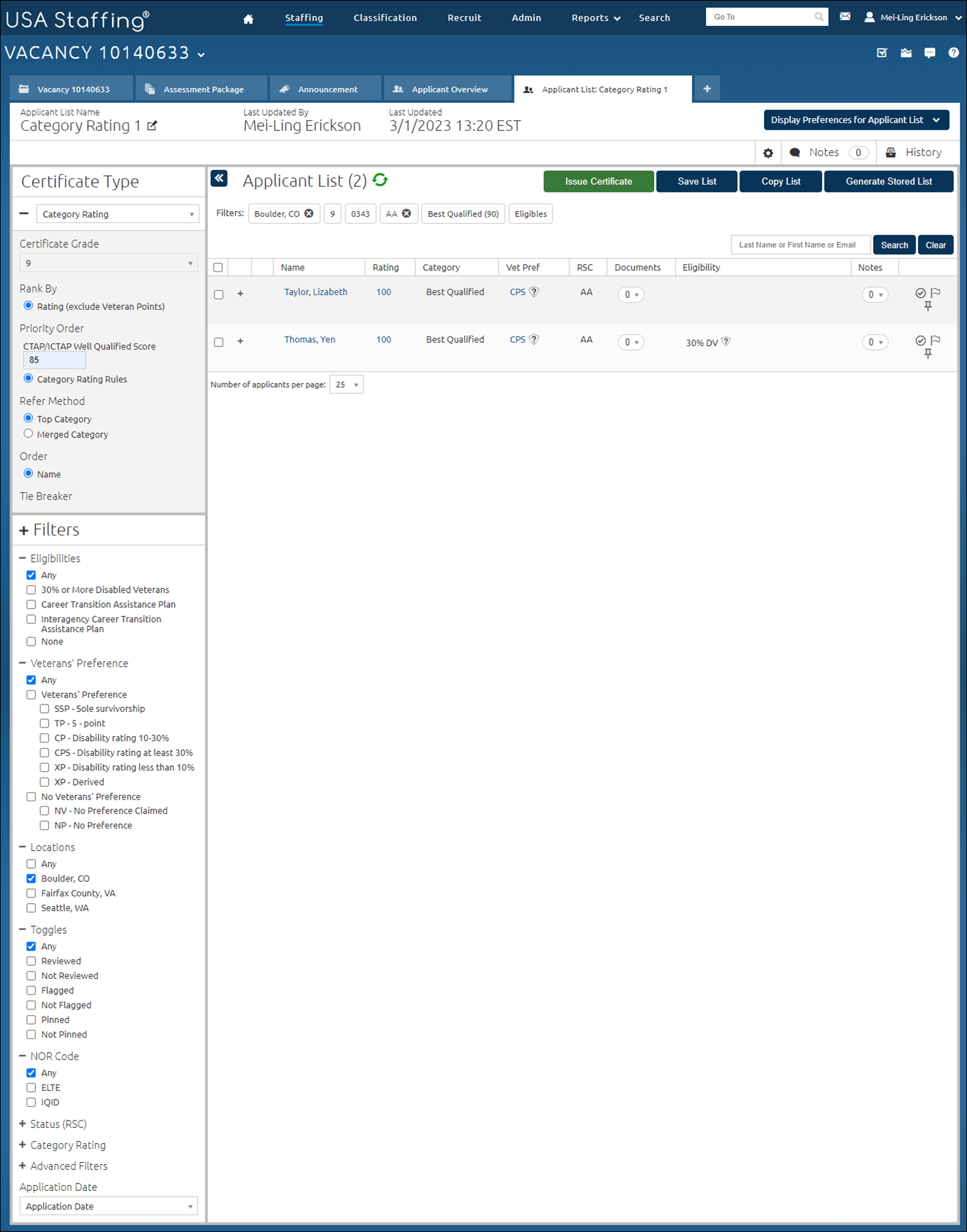 Applicant List with filters applied as specified in the instructions above.
