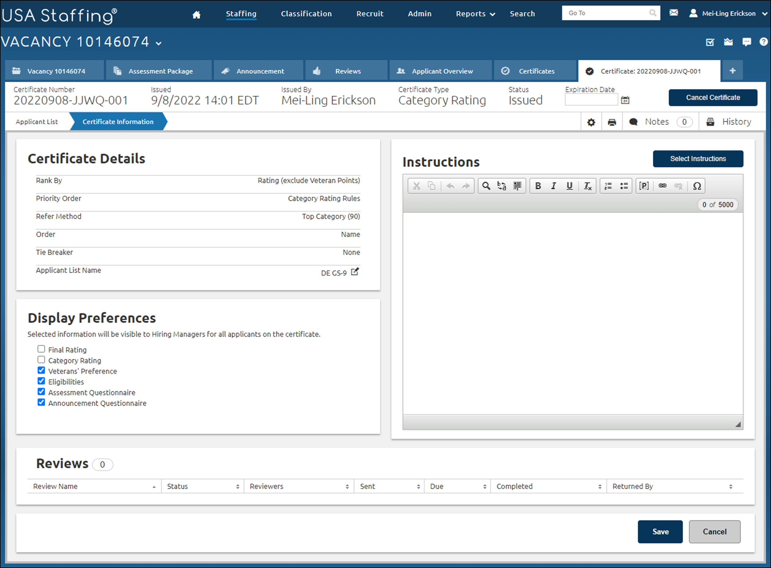 Certificate Information page.