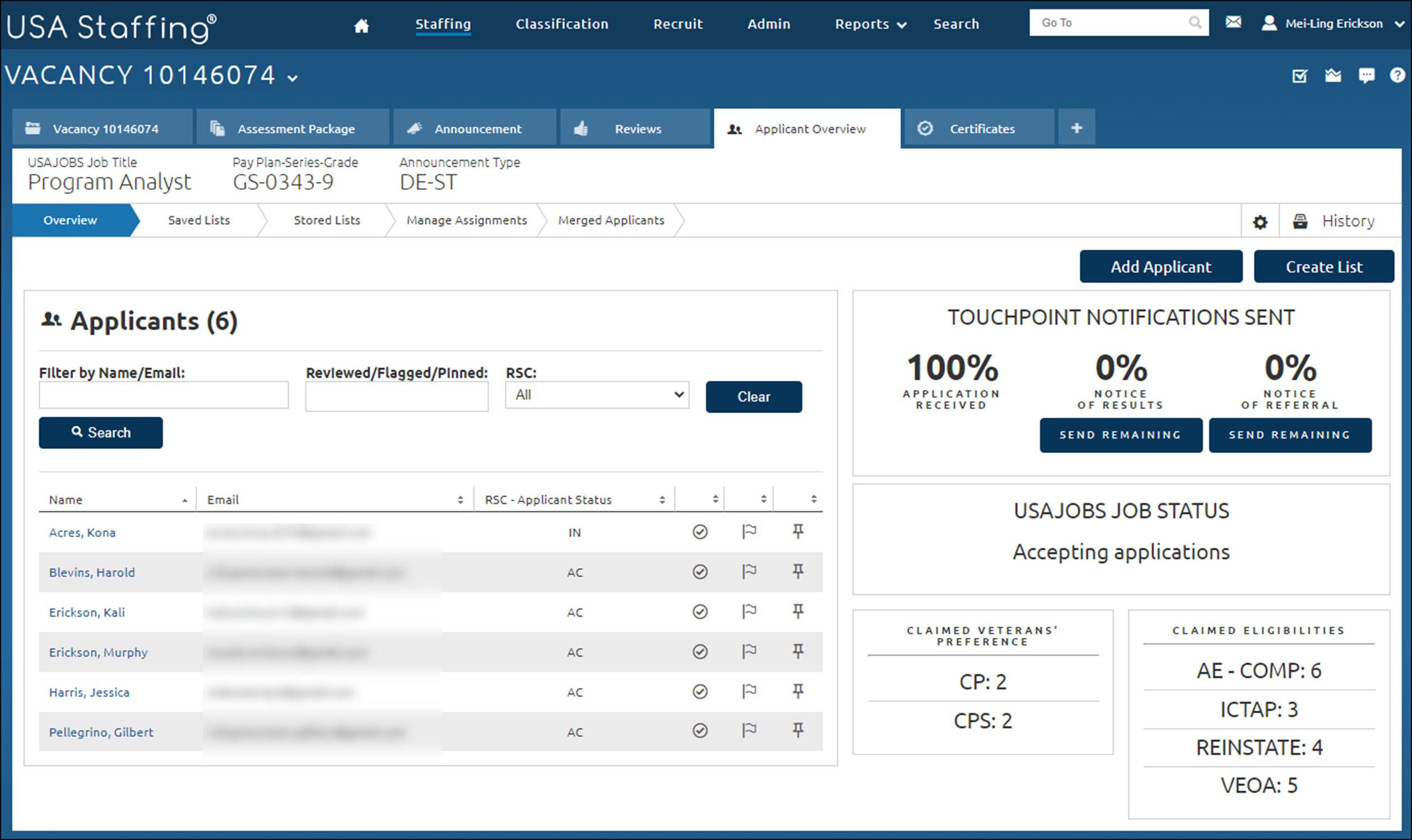 Applicant Overview page. The notification buttons are in the upper-right quadrant of the page.