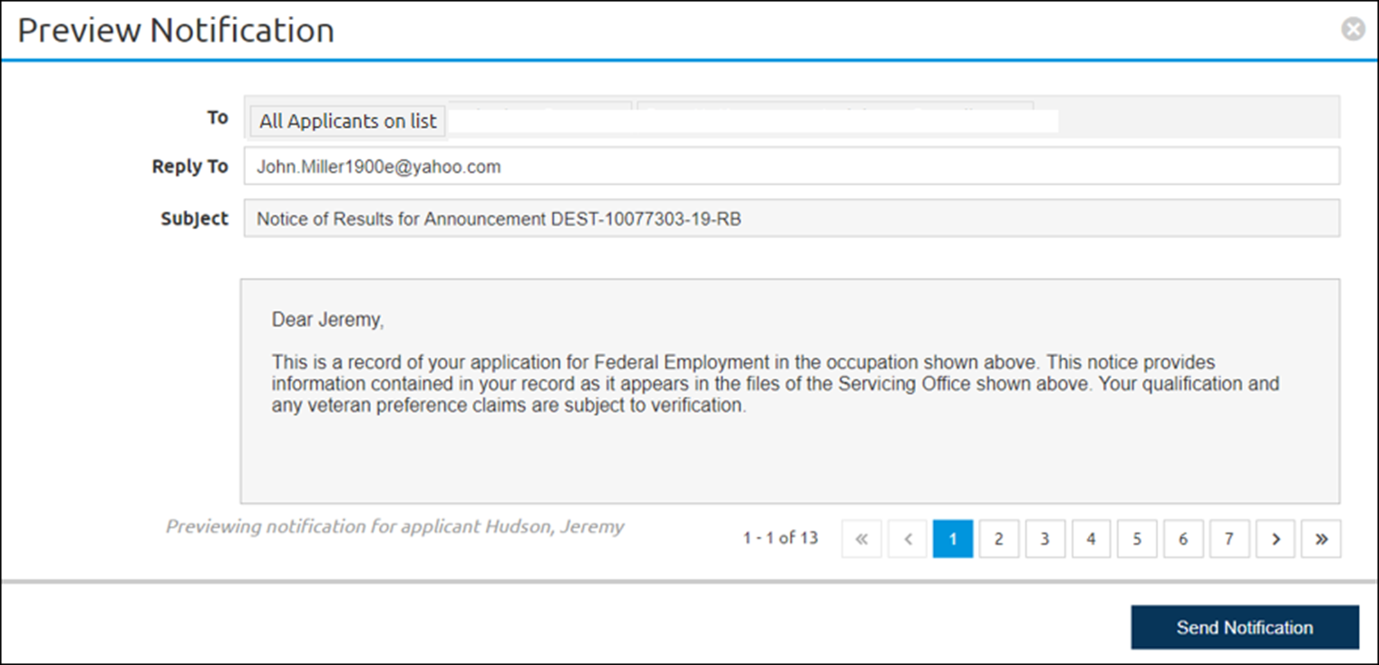 Preview Notifications for Notice of Results.