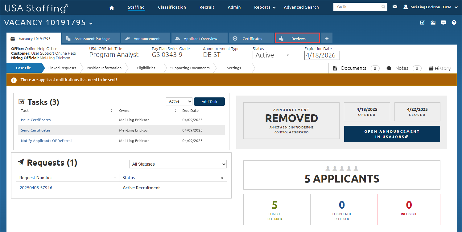 Vacancy Case File page with the Reviews tab highlighted. It is located near the top of the page.