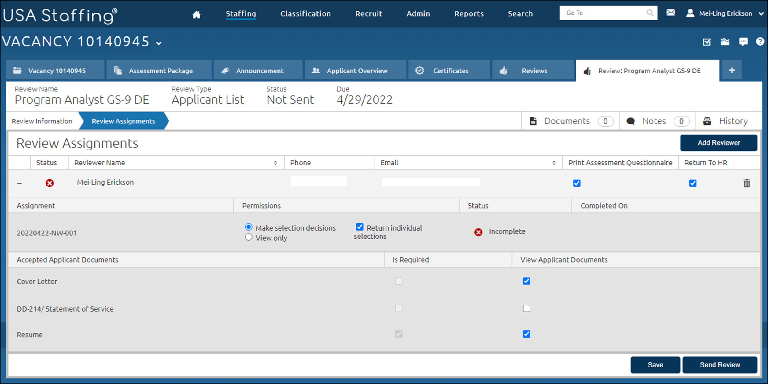 Review Assignments page as specified. The Send Review button is in the lower- right quadrant of the page.