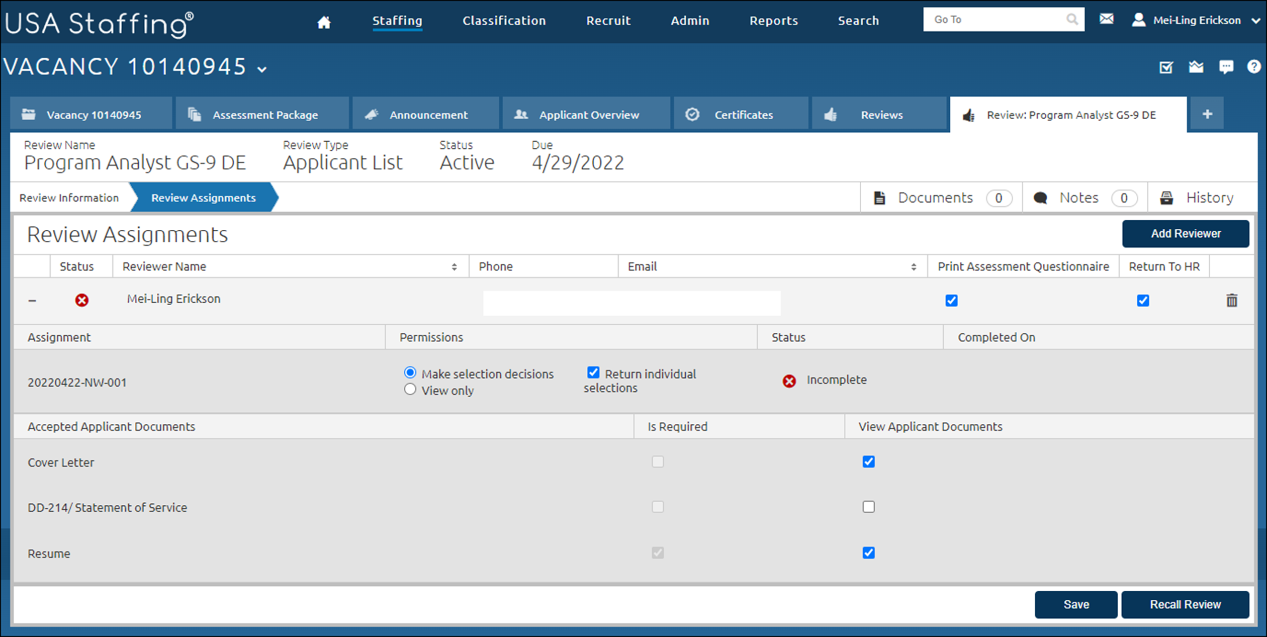 The Review Assignments page when a review has been sent. Send Review has changed to Recall Review.
