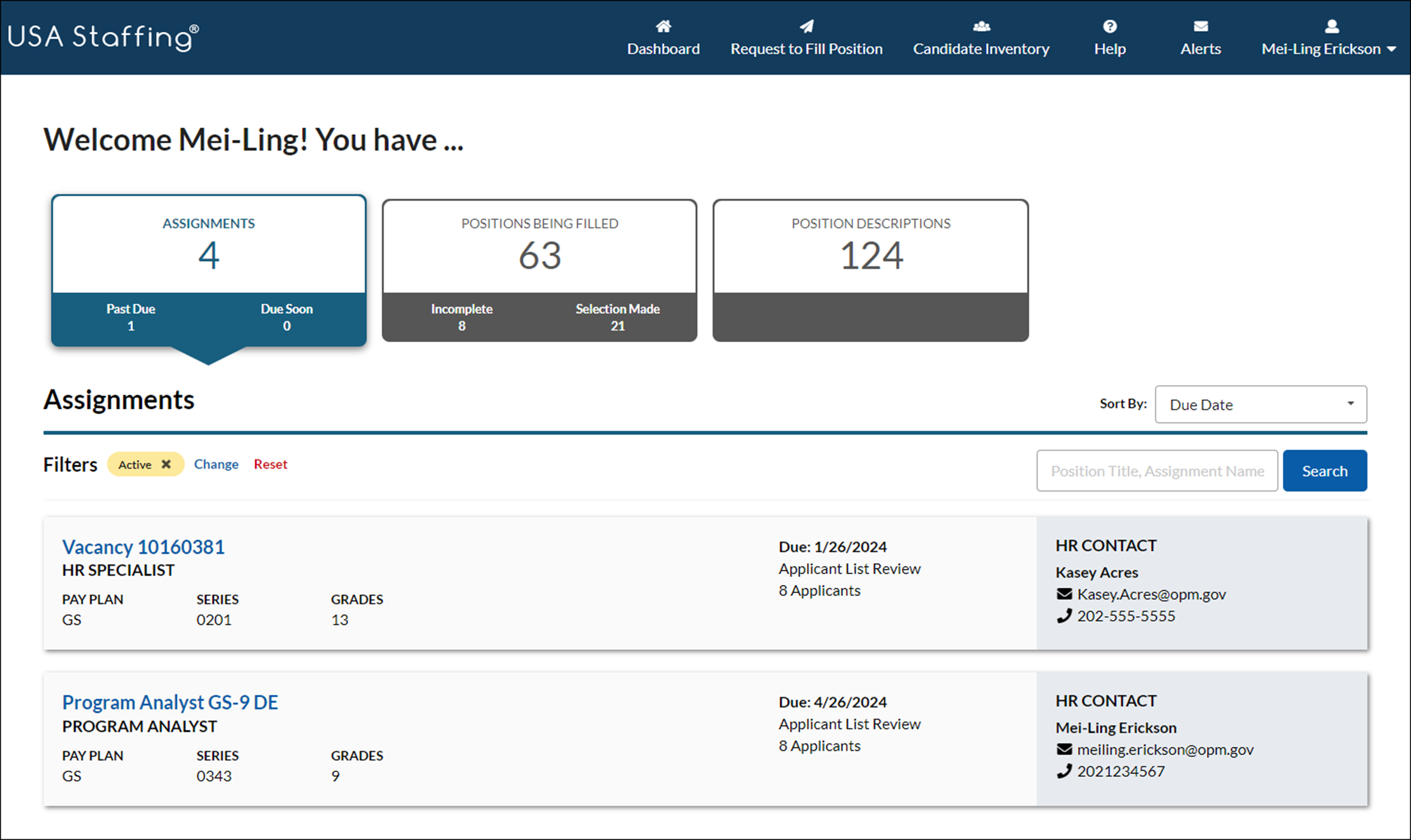 The dashboard page of a Hiring Manager account.