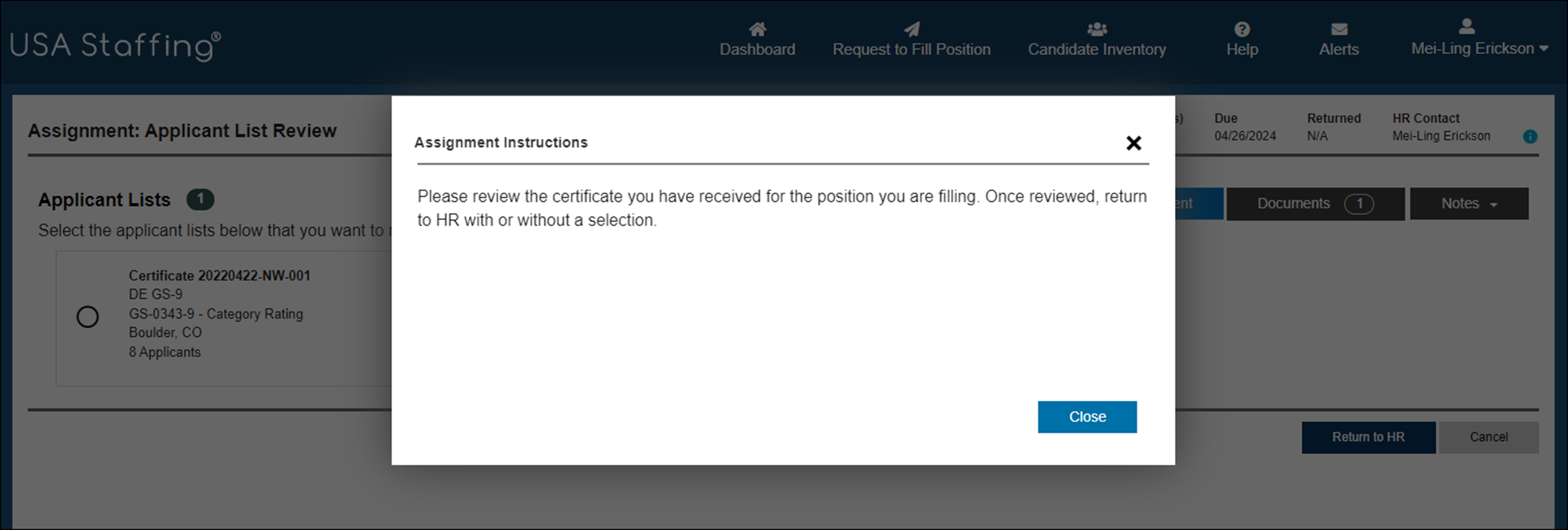 Review instructions display as a pop-up.