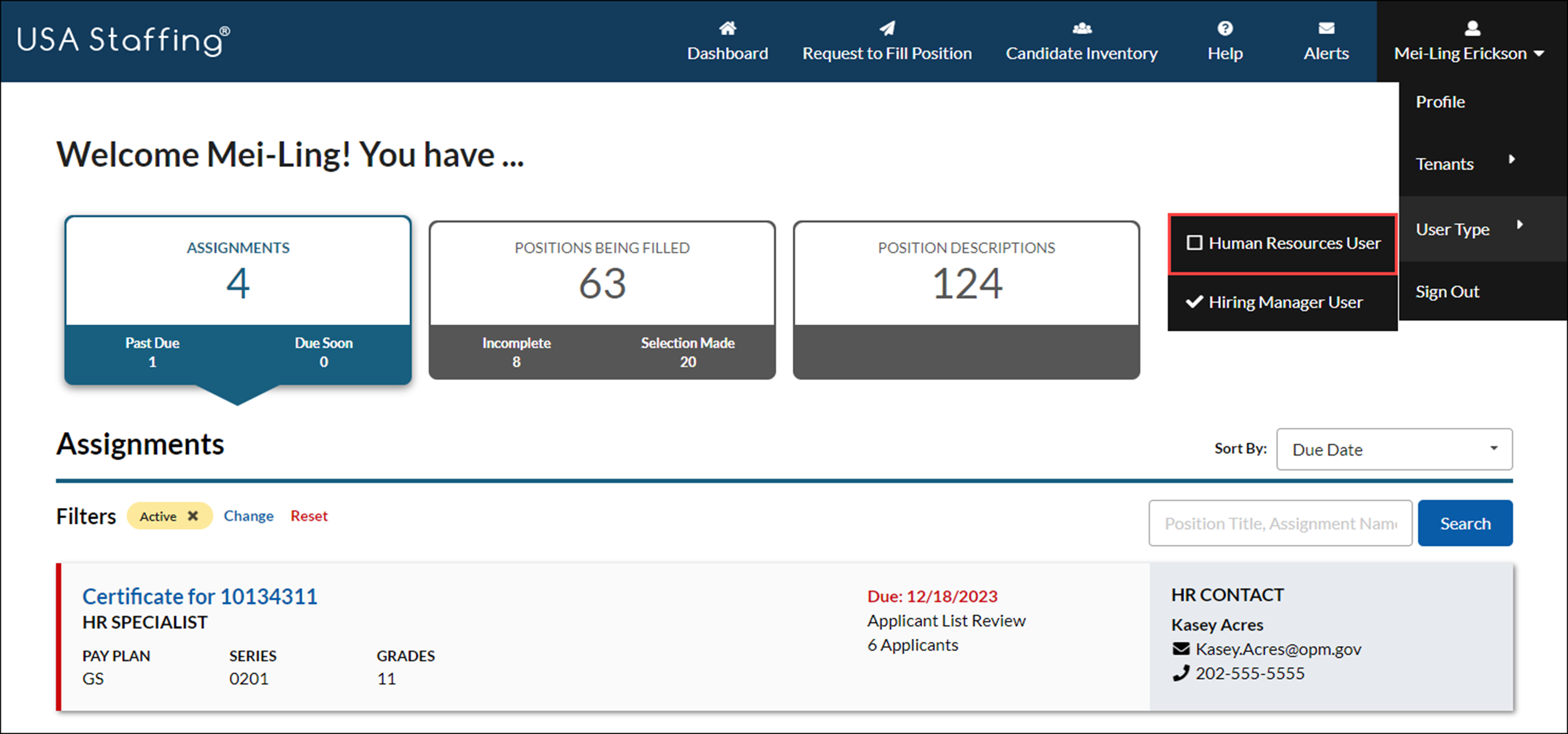 The picture shows the drop-down arrow expanded with the User Type item containing Hiring Manager User and Human Resources User profiles.