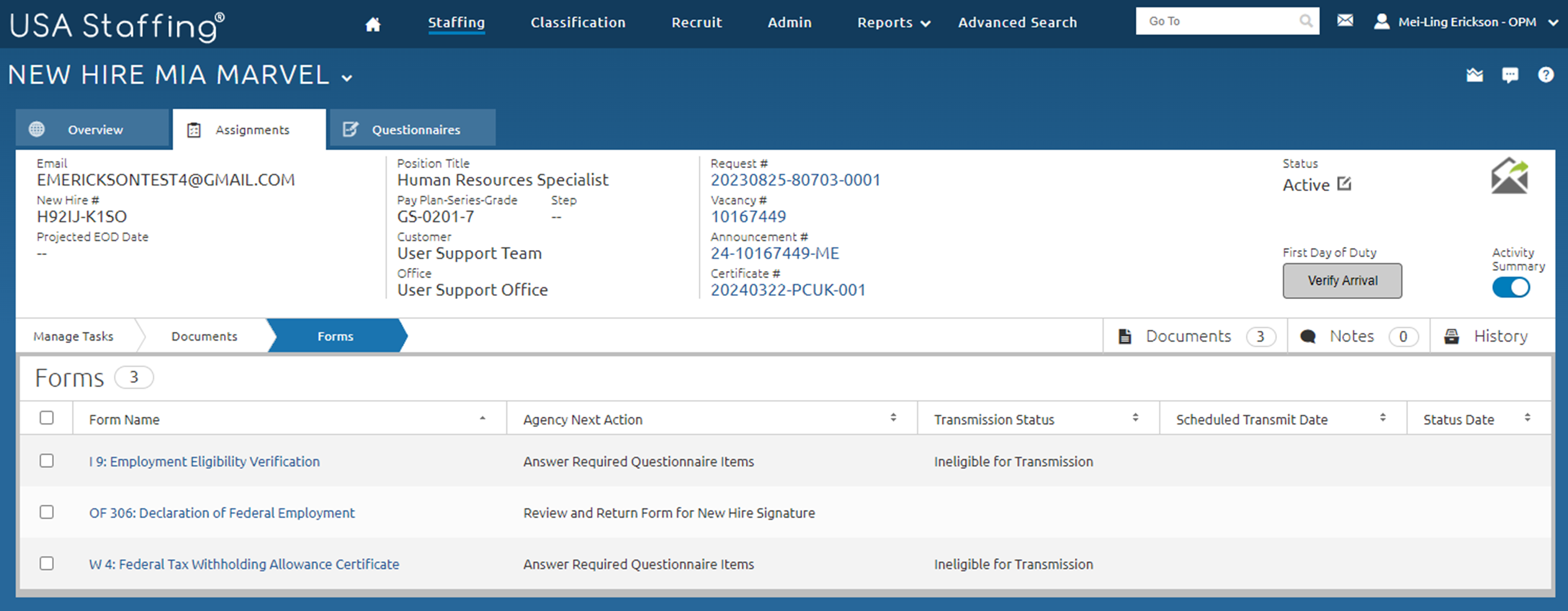 A new hire’s record opened on the Assignments tab displaying the Forms page.