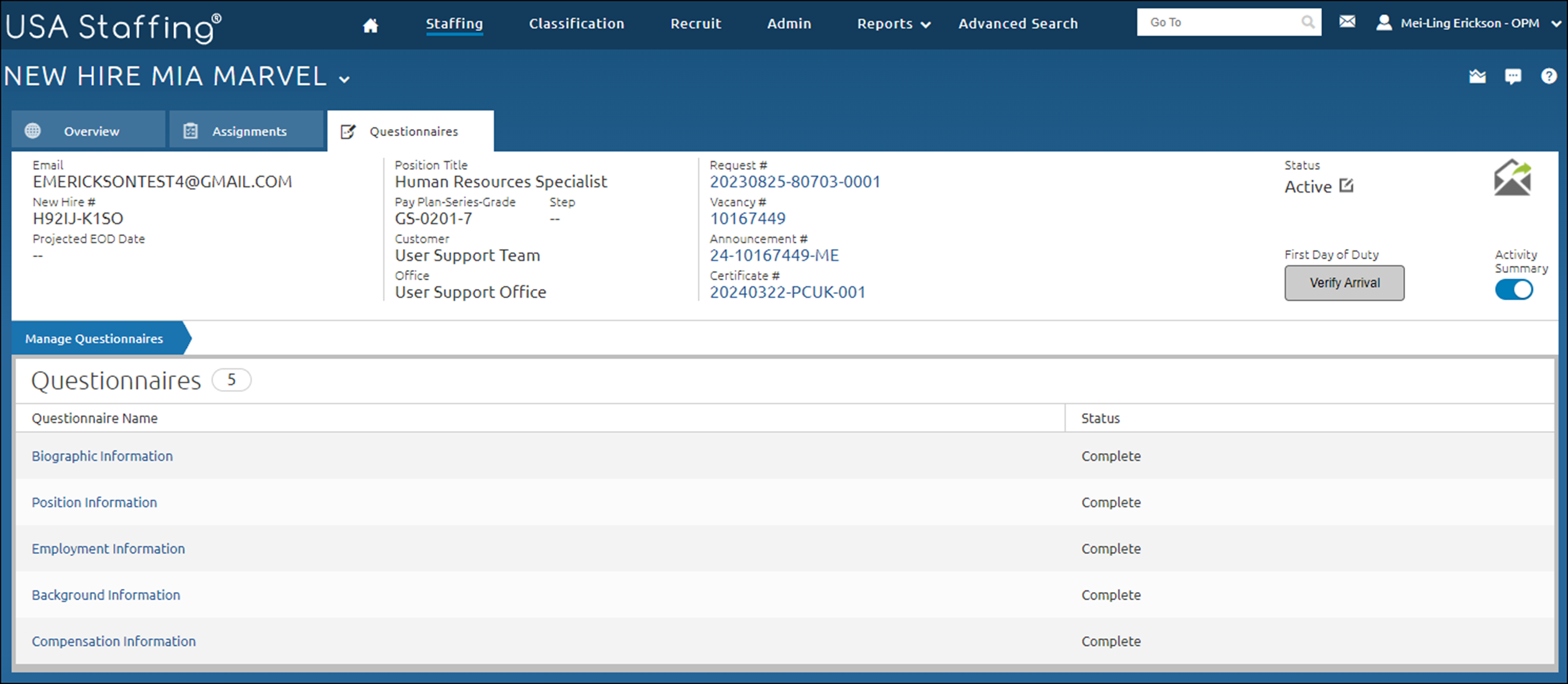 Questionnaires tab displaying the Manage Questionnaires page with all questionnaires in Complete status.