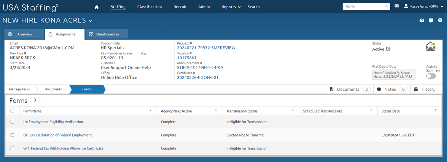 Assignments tab displaying the Forms page with all forms in Transmission Status of Elected Not to Transmit.