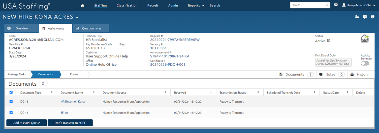 Assignments tab displaying the Documents page.