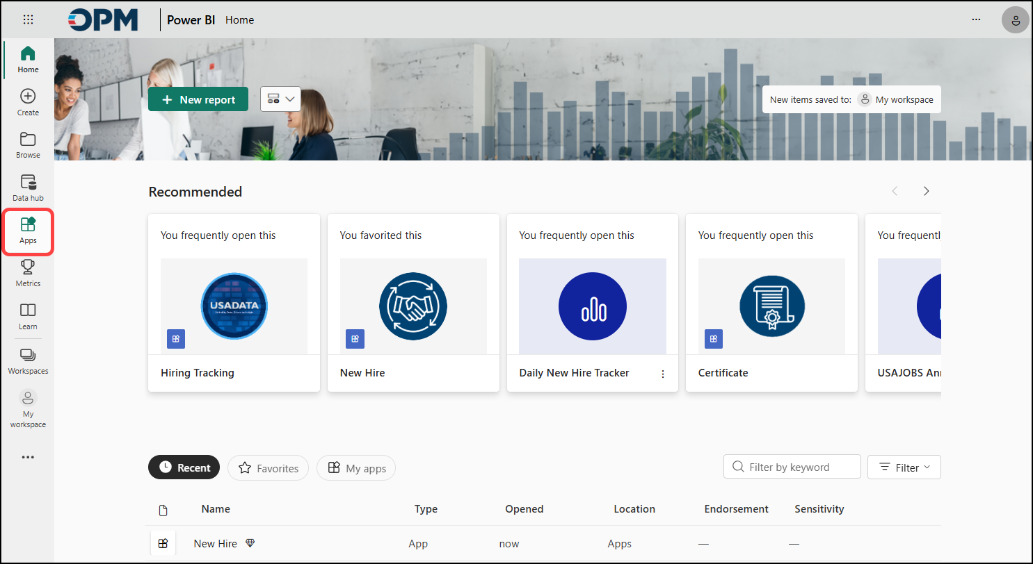 Power BI page with Apps highlighted on the left hand side.
