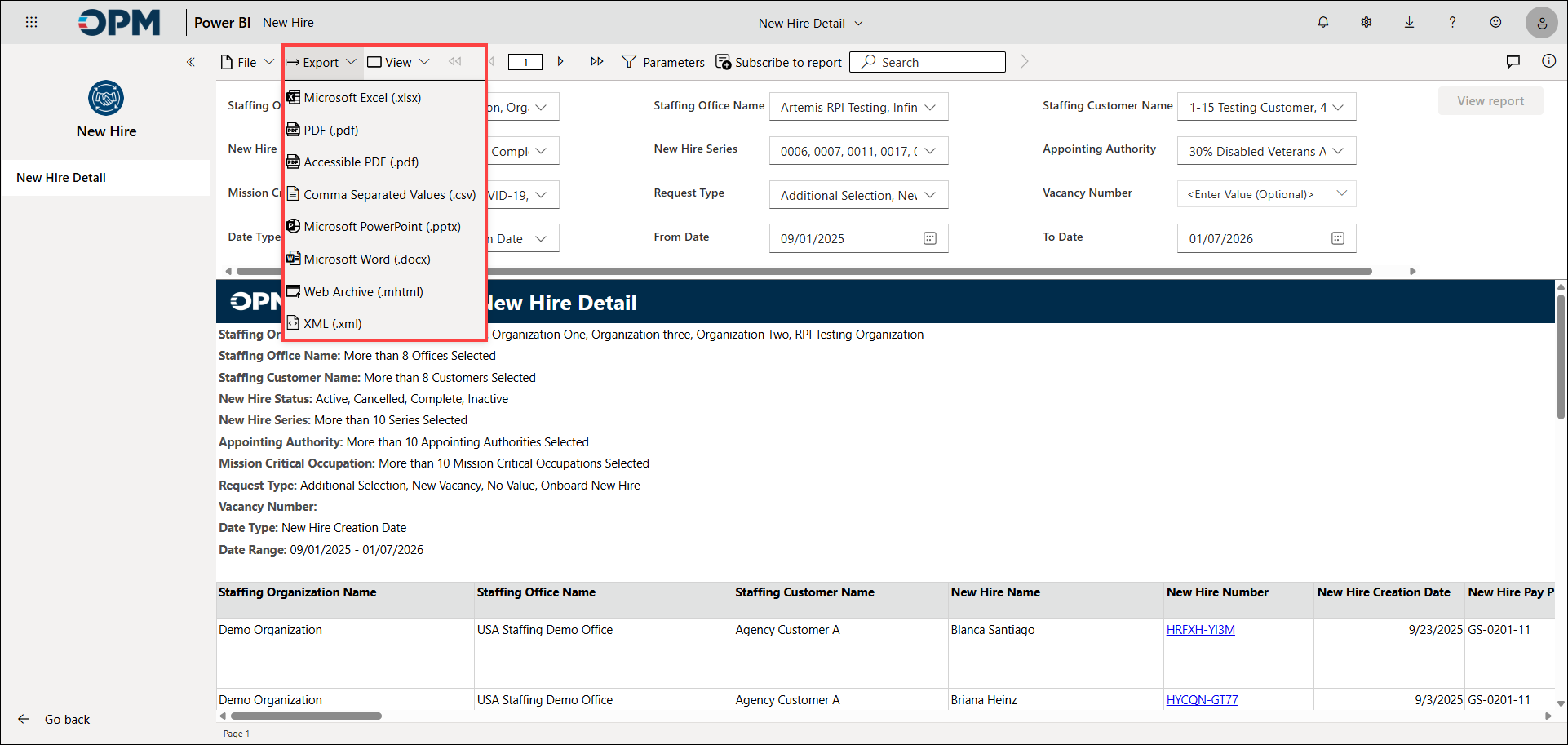 Power BI report with Export options highlighted.
